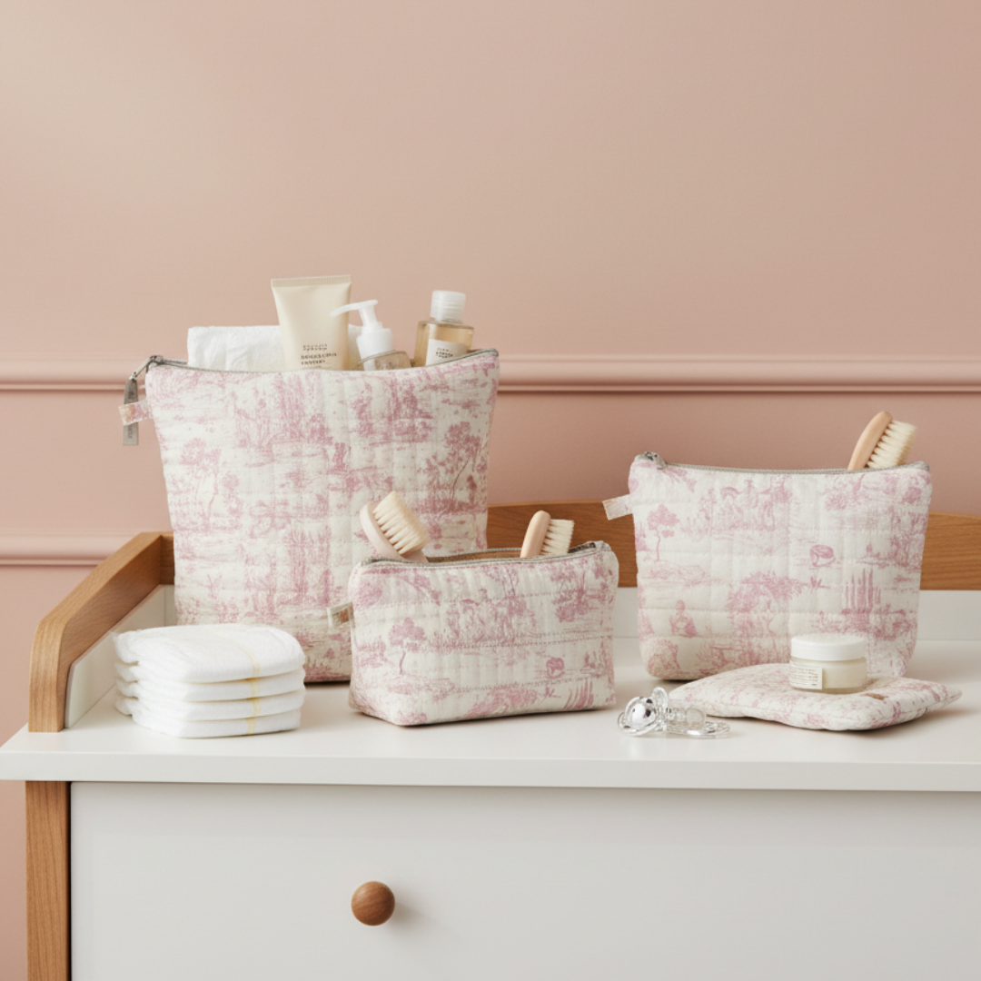 Pink Toile Essentials Pouch Set of 3