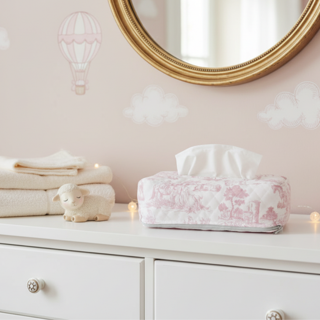 Pink Toile Tissue Box Cover in Polyester